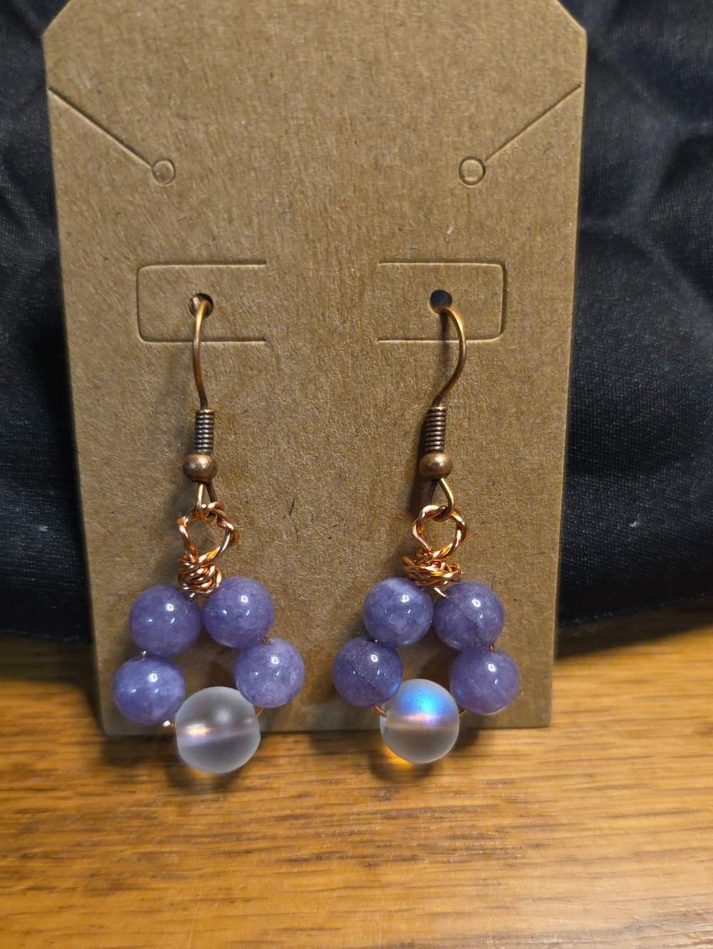 Handcrafted Stone Amethyst  And Glass Bead Drop Earrings with Frosted Accent
